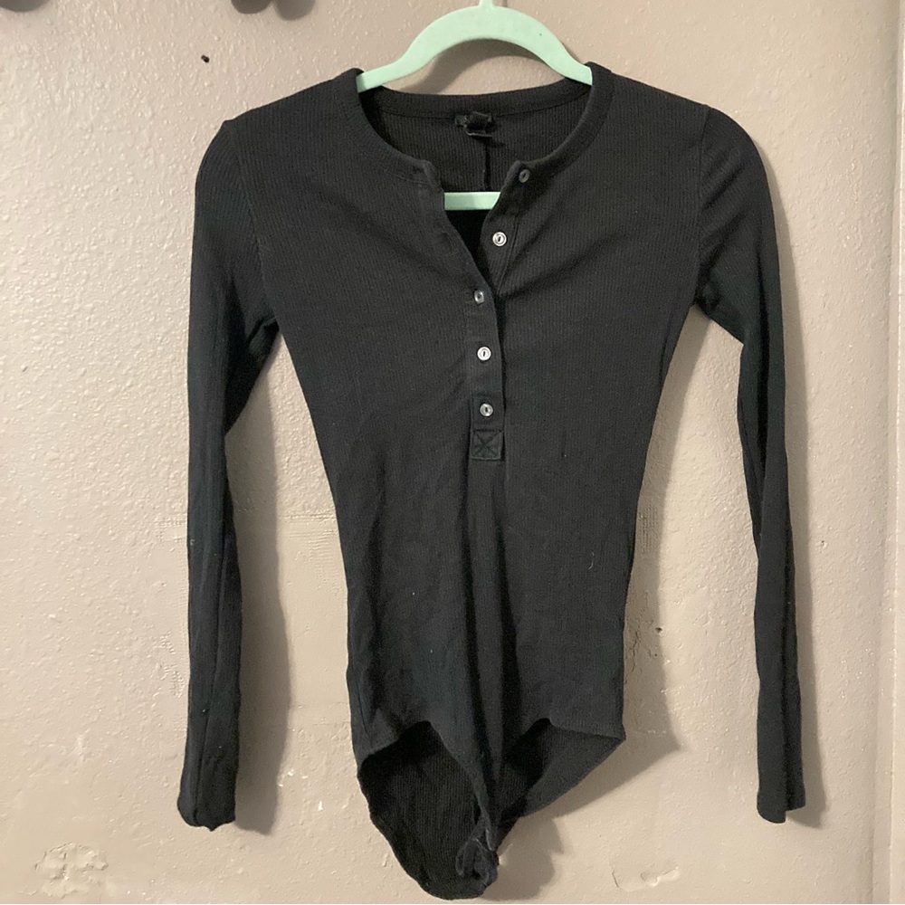 J. Crew Black Ribbed Henley Bodysuit